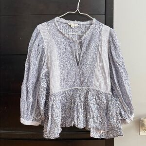 American Eagle Outfitters Blue and White Floral-Stripe Peplum Top